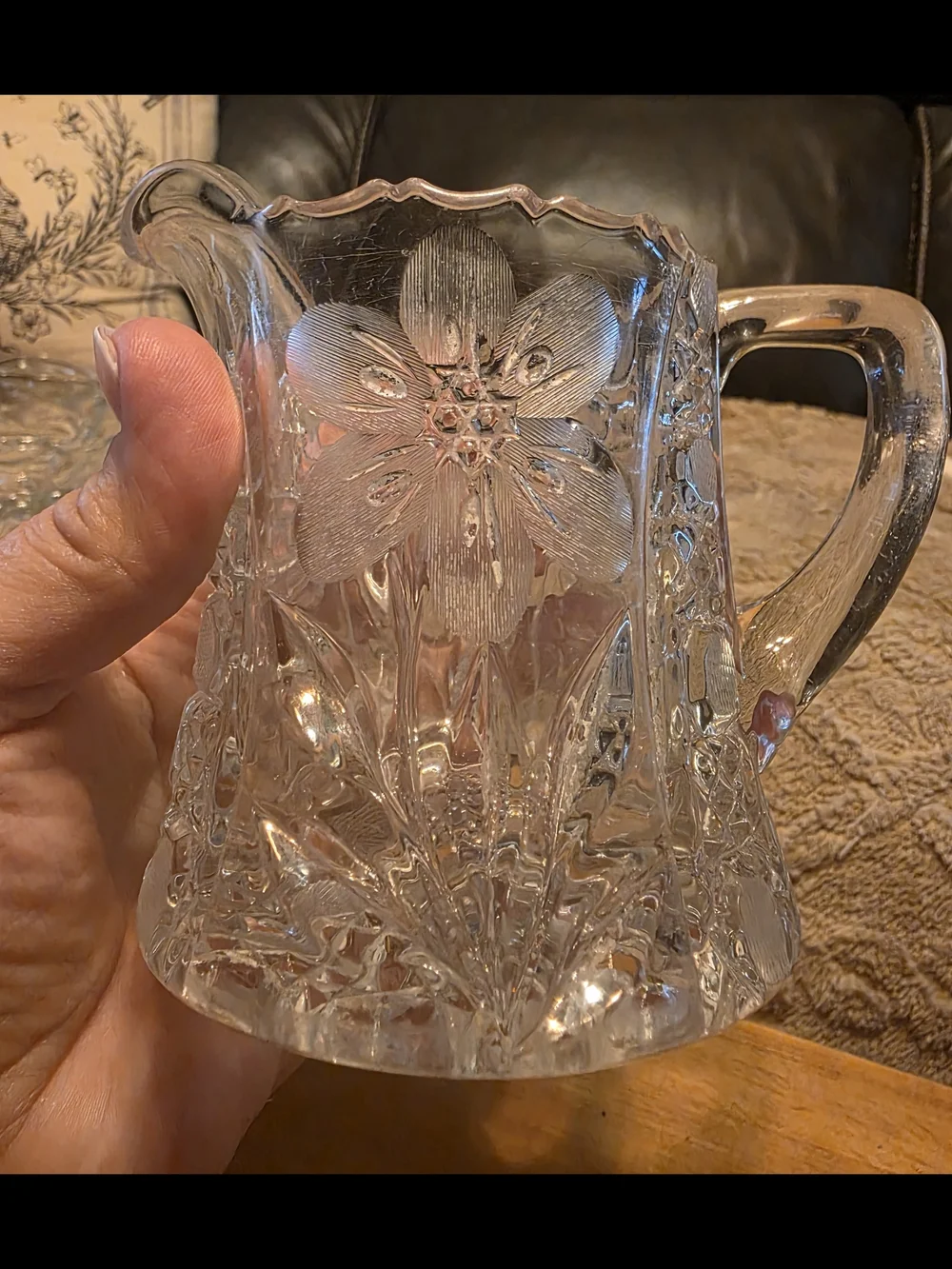 Vintage Heavy Cut Crystal Creamer & Pitcher Set | Floral Etched Crystal